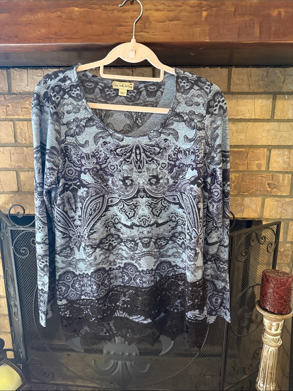 Paisley Lace-Hem Long Sleeve Top - Blue & Navy